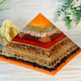 FIRE - The Elementals Golden Ratio Special Edition Orgonite Pyramid - EMF Protector - Sunstone, Fire Opal, Rutilated Quartz, Red Jasper, Mahogany Obsidian, Garnet with Brass and Copper Metals