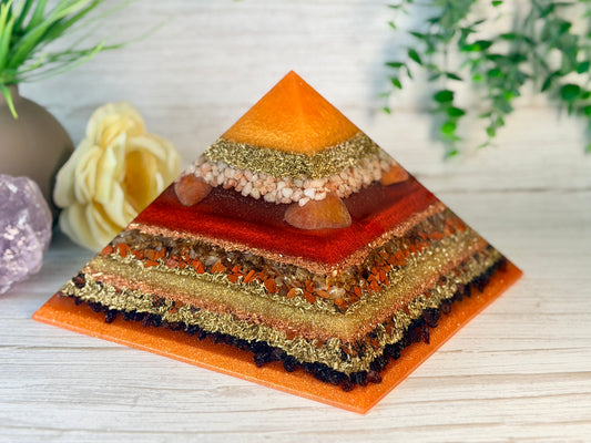 FIRE - The Elementals Golden Ratio Special Edition Orgonite Pyramid - EMF Protector - Sunstone, Fire Opal, Rutilated Quartz, Red Jasper, Mahogany Obsidian, Garnet with Brass and Copper Metals