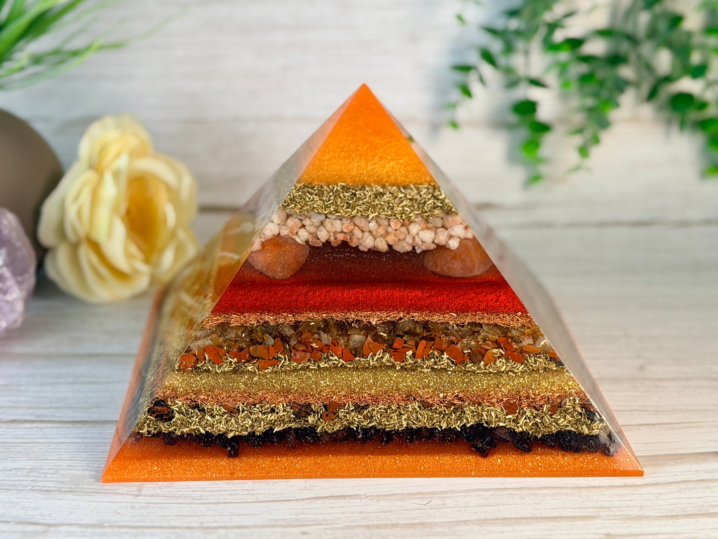 FIRE - The Elementals Golden Ratio Special Edition Orgonite Pyramid - EMF Protector - Sunstone, Fire Opal, Rutilated Quartz, Red Jasper, Mahogany Obsidian, Garnet with Brass and Copper Metals