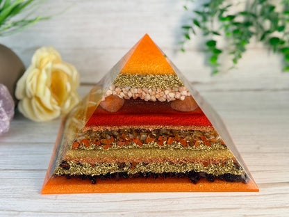 FIRE - The Elementals Golden Ratio Special Edition Orgonite Pyramid - EMF Protector - Sunstone, Fire Opal, Rutilated Quartz, Red Jasper, Mahogany Obsidian, Garnet with Brass and Copper Metals