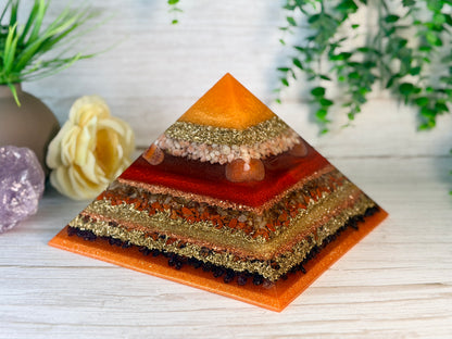 FIRE - The Elementals Golden Ratio Special Edition Orgonite Pyramid - EMF Protector - Sunstone, Fire Opal, Rutilated Quartz, Red Jasper, Mahogany Obsidian, Garnet with Brass and Copper Metals