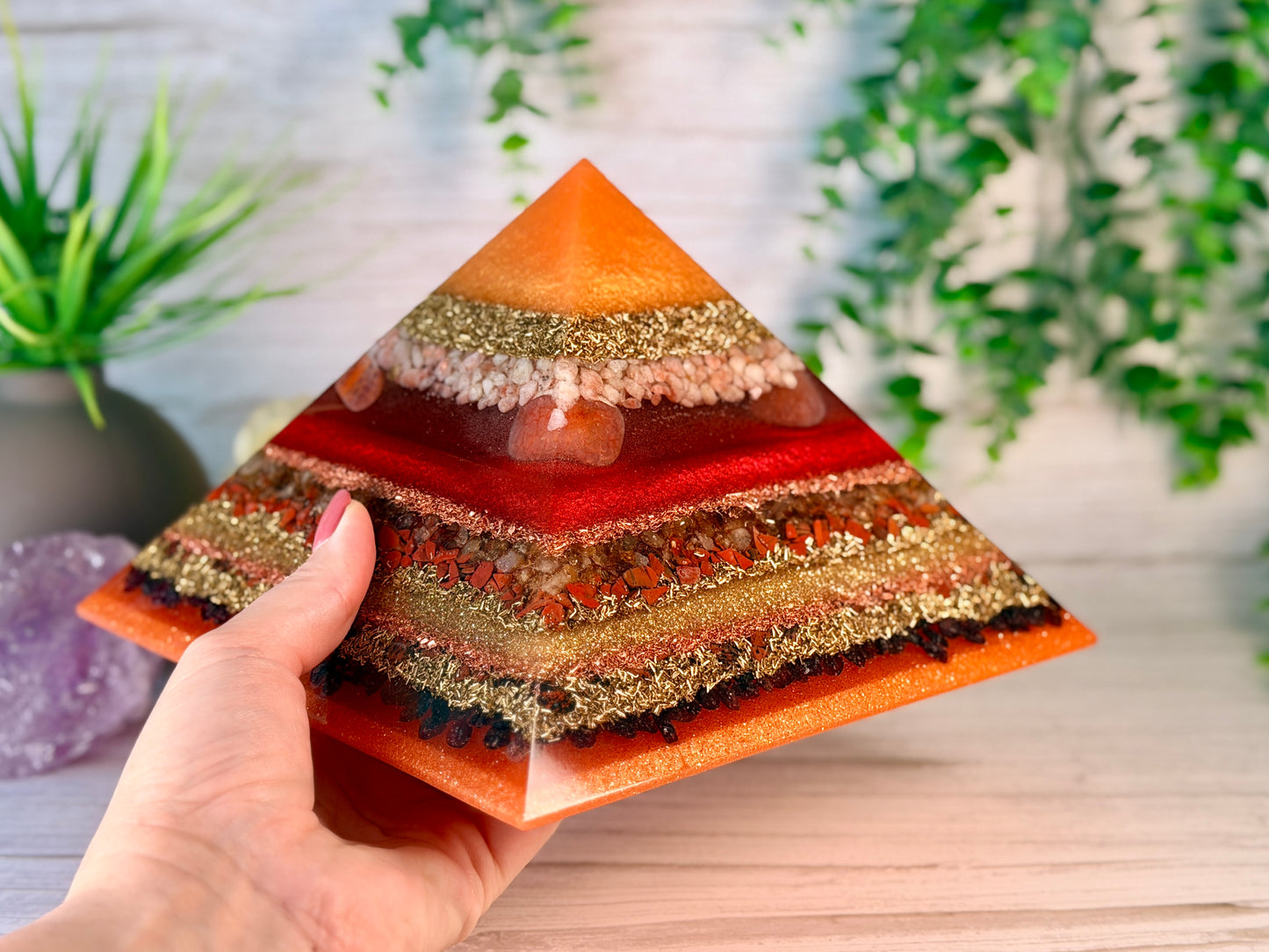 FIRE - The Elementals Golden Ratio Special Edition Orgonite Pyramid - EMF Protector - Sunstone, Fire Opal, Rutilated Quartz, Red Jasper, Mahogany Obsidian, Garnet with Brass and Copper Metals
