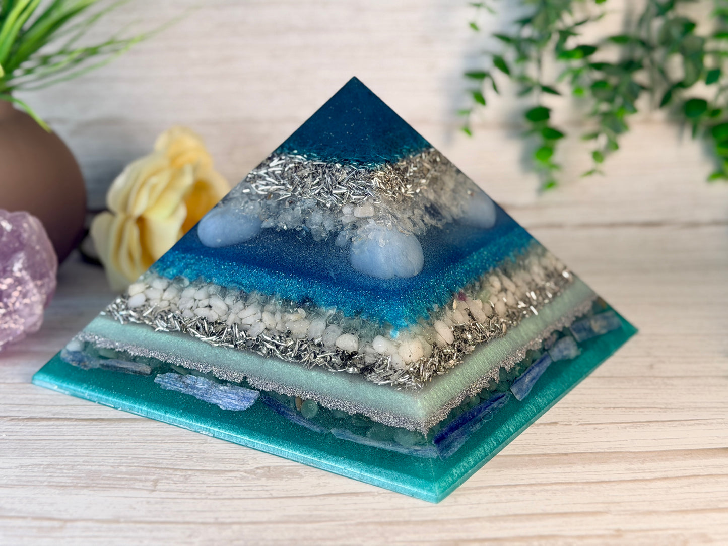 AIR - The Elementals Golden Ratio Special Edition Orgonite Pyramid - EMF Protector - Clear Quartz, Angelite, Green Fluorite, White Milky Quartz, Green Aventurine, Blue Kyanite and Aluminum Metals