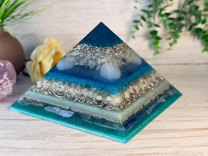 AIR - The Elementals Golden Ratio Special Edition Orgonite Pyramid - EMF Protector - Clear Quartz, Angelite, Green Fluorite, White Milky Quartz, Green Aventurine, Blue Kyanite and Aluminum Metals