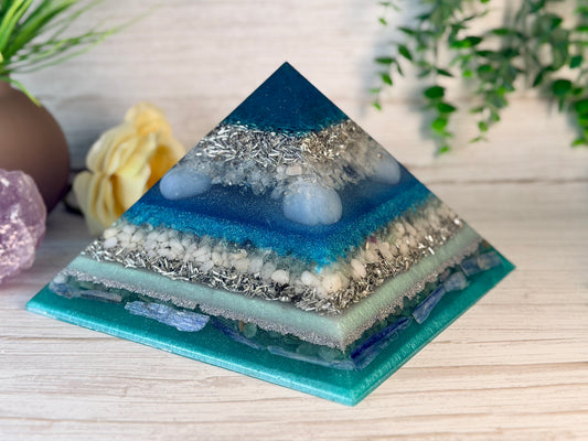 AIR - The Elementals Golden Ratio Special Edition Orgonite Pyramid - EMF Protector - Clear Quartz, Angelite, Green Fluorite, White Milky Quartz, Green Aventurine, Blue Kyanite and Aluminum Metals