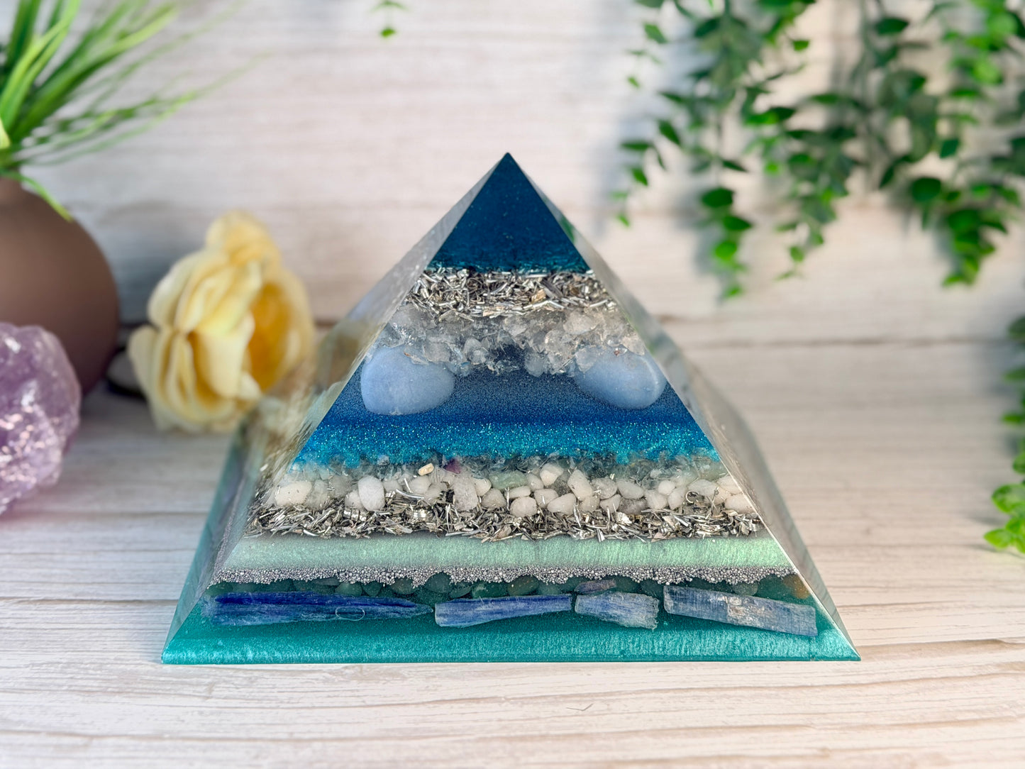 AIR - The Elementals Golden Ratio Special Edition Orgonite Pyramid - EMF Protector - Clear Quartz, Angelite, Green Fluorite, White Milky Quartz, Green Aventurine, Blue Kyanite and Aluminum Metals