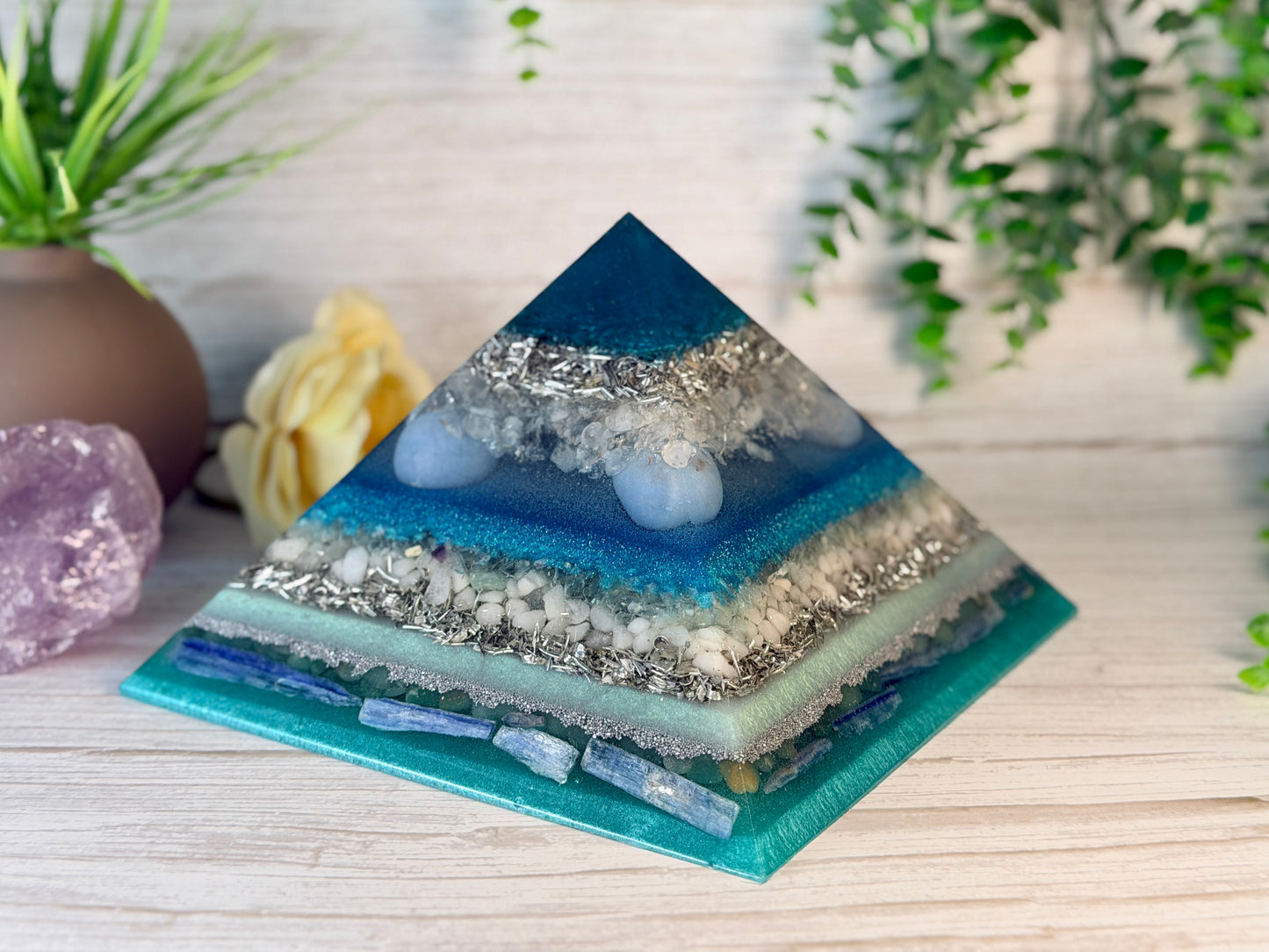 AIR - The Elementals Golden Ratio Special Edition Orgonite Pyramid - EMF Protector - Clear Quartz, Angelite, Green Fluorite, White Milky Quartz, Green Aventurine, Blue Kyanite and Aluminum Metals