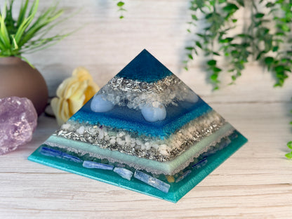 AIR - The Elementals Golden Ratio Special Edition Orgonite Pyramid - EMF Protector - Clear Quartz, Angelite, Green Fluorite, White Milky Quartz, Green Aventurine, Blue Kyanite and Aluminum Metals