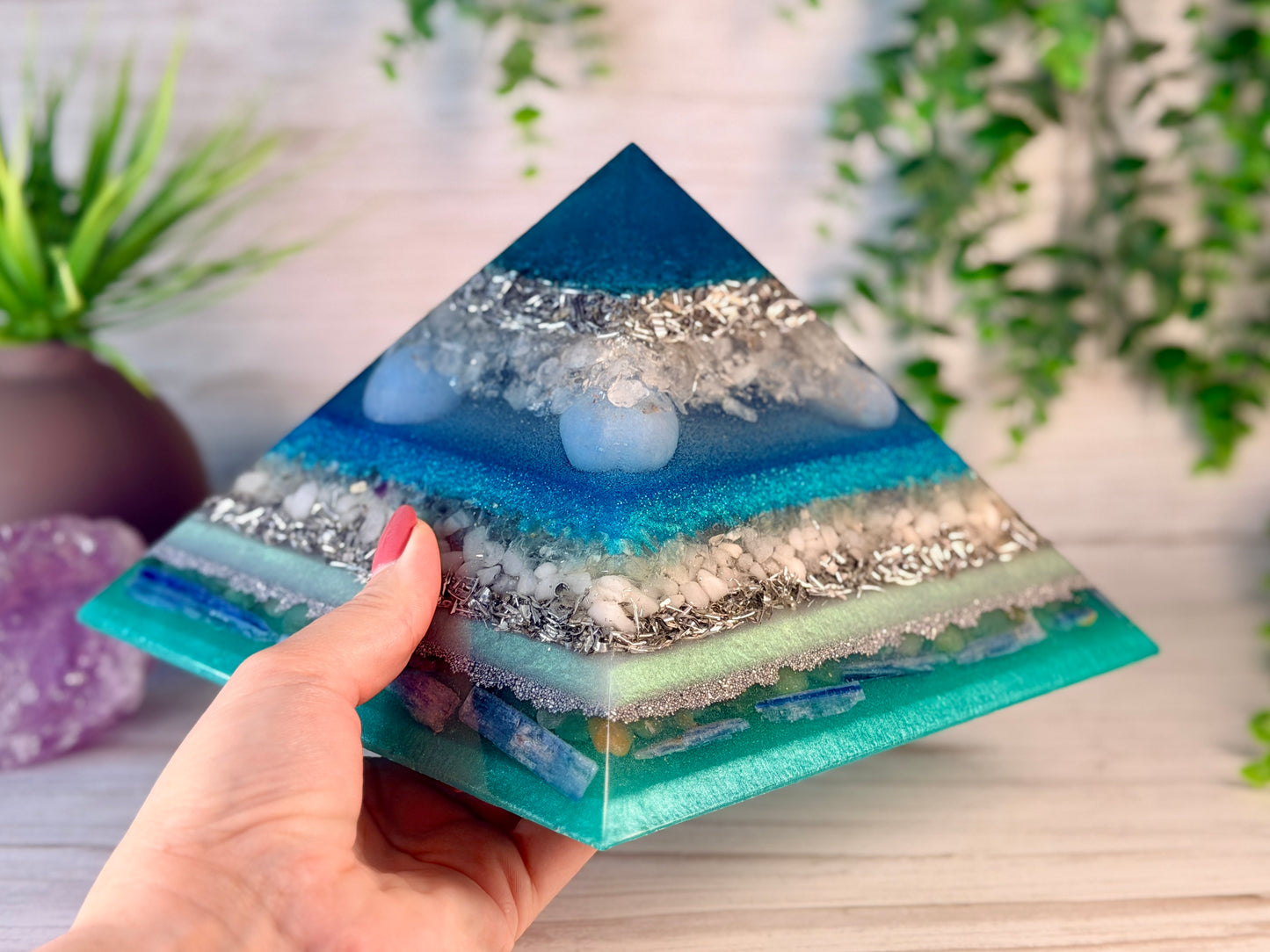 AIR - The Elementals Golden Ratio Special Edition Orgonite Pyramid - EMF Protector - Clear Quartz, Angelite, Green Fluorite, White Milky Quartz, Green Aventurine, Blue Kyanite and Aluminum Metals