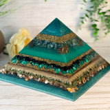 EARTH - The Elementals Golden Ratio Special Edition Orgonite Pyramid - EMF Protector - S Moss Agate, Dragon Bloodstone Jasper, Smoky Quartz, Malachite, Green Jade and Petrified Wood with Brass Metals
