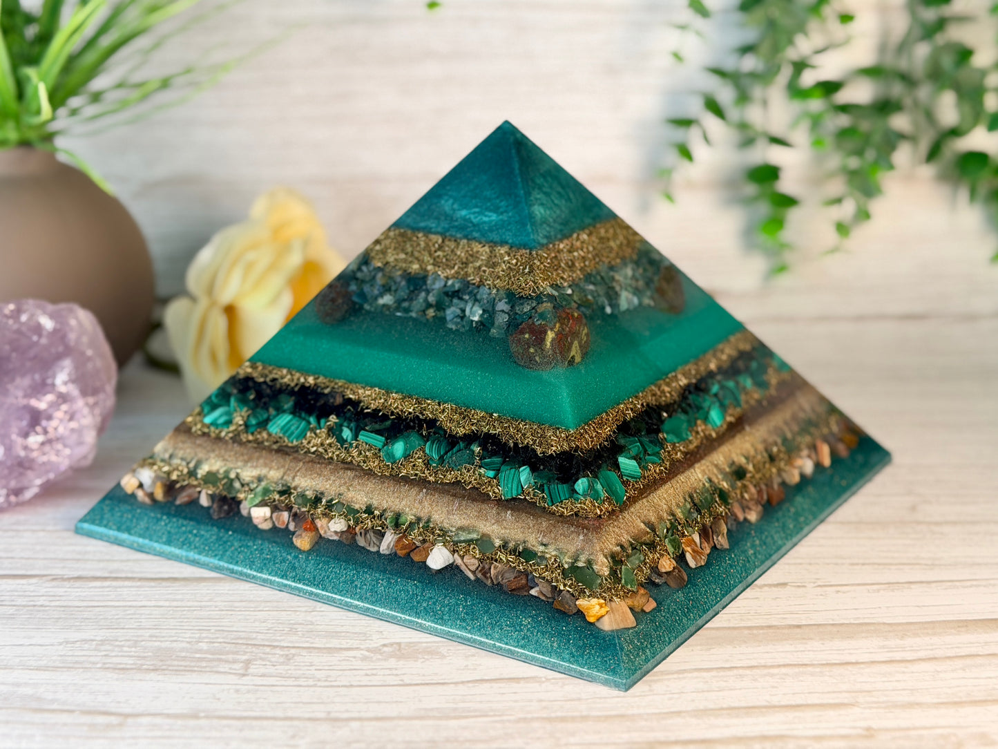 EARTH - The Elementals Golden Ratio Special Edition Orgonite Pyramid - EMF Protector - S Moss Agate, Dragon Bloodstone Jasper, Smoky Quartz, Malachite, Green Jade and Petrified Wood with Brass Metals