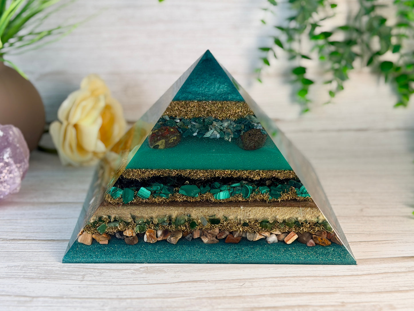 EARTH - The Elementals Golden Ratio Special Edition Orgonite Pyramid - EMF Protector - S Moss Agate, Dragon Bloodstone Jasper, Smoky Quartz, Malachite, Green Jade and Petrified Wood with Brass Metals
