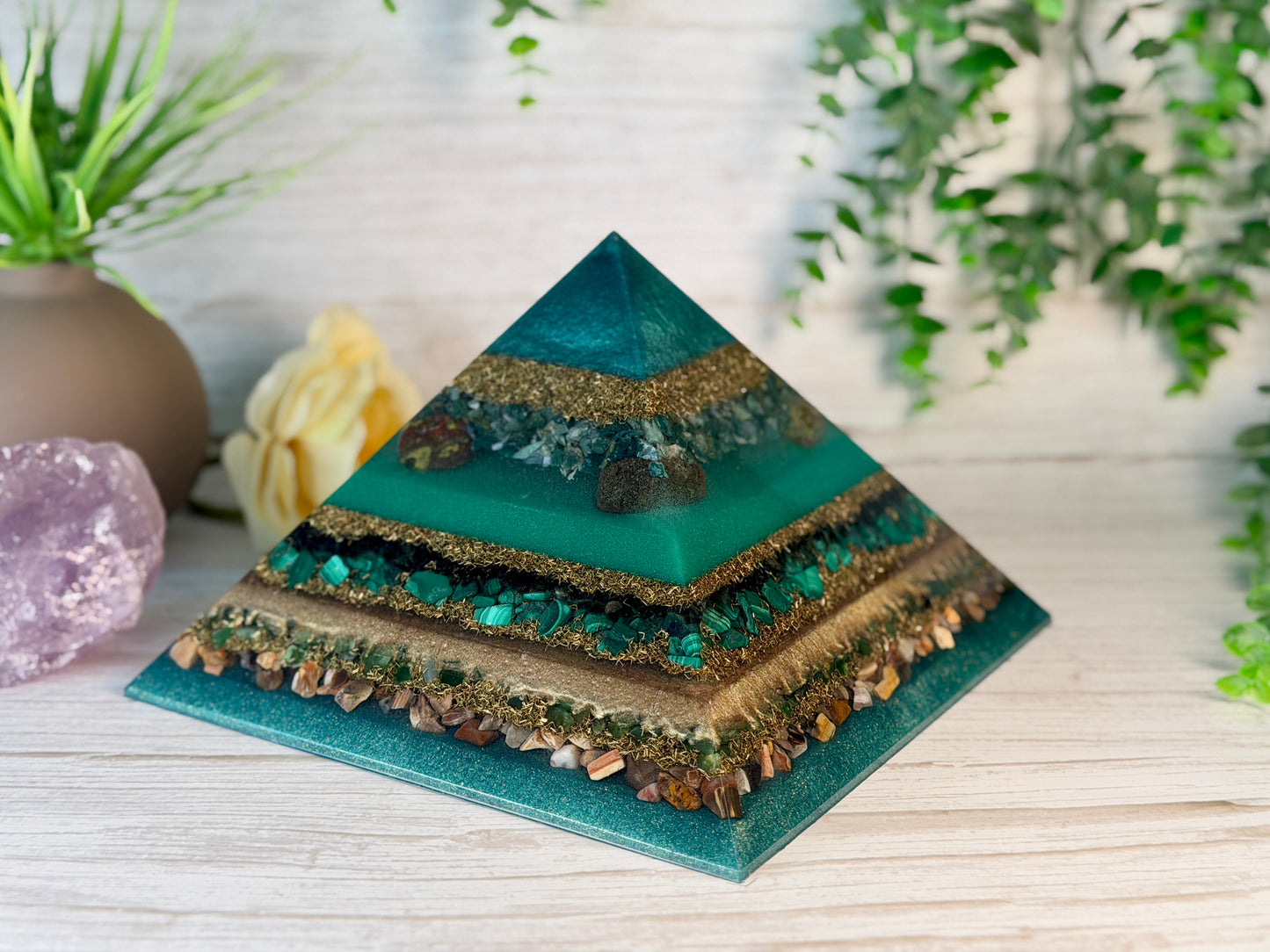 EARTH - The Elementals Golden Ratio Special Edition Orgonite Pyramid - EMF Protector - S Moss Agate, Dragon Bloodstone Jasper, Smoky Quartz, Malachite, Green Jade and Petrified Wood with Brass Metals
