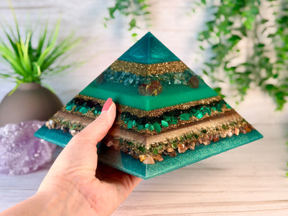 EARTH - The Elementals Golden Ratio Special Edition Orgonite Pyramid - EMF Protector - S Moss Agate, Dragon Bloodstone Jasper, Smoky Quartz, Malachite, Green Jade and Petrified Wood with Brass Metals