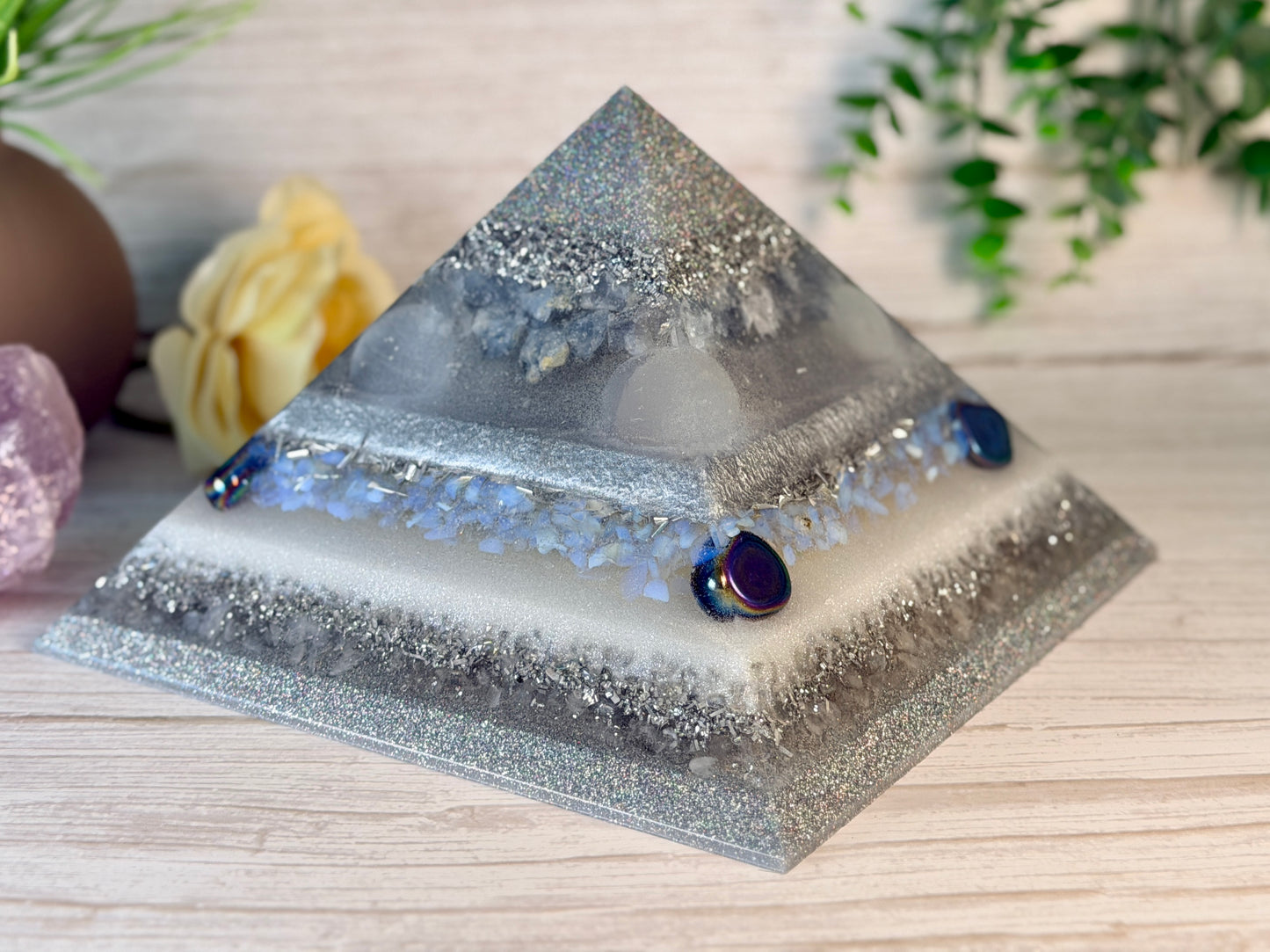 SPIRIT / ETHER - The Elementals Golden Ratio Special Edition Orgonite Pyramid - EMF Protector - Celestite, Selenite, Opalite, Rainbow Hematite, Aura Quartz, Clear Quartz and Aluminum Metals