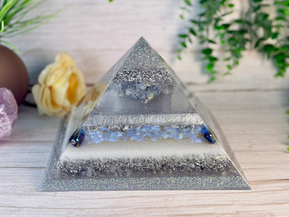 SPIRIT / ETHER - The Elementals Golden Ratio Special Edition Orgonite Pyramid - EMF Protector - Celestite, Selenite, Opalite, Rainbow Hematite, Aura Quartz, Clear Quartz and Aluminum Metals