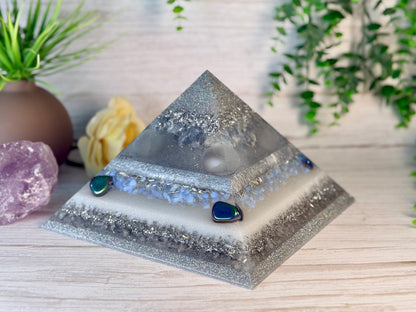 SPIRIT / ETHER - The Elementals Golden Ratio Special Edition Orgonite Pyramid - EMF Protector - Celestite, Selenite, Opalite, Rainbow Hematite, Aura Quartz, Clear Quartz and Aluminum Metals