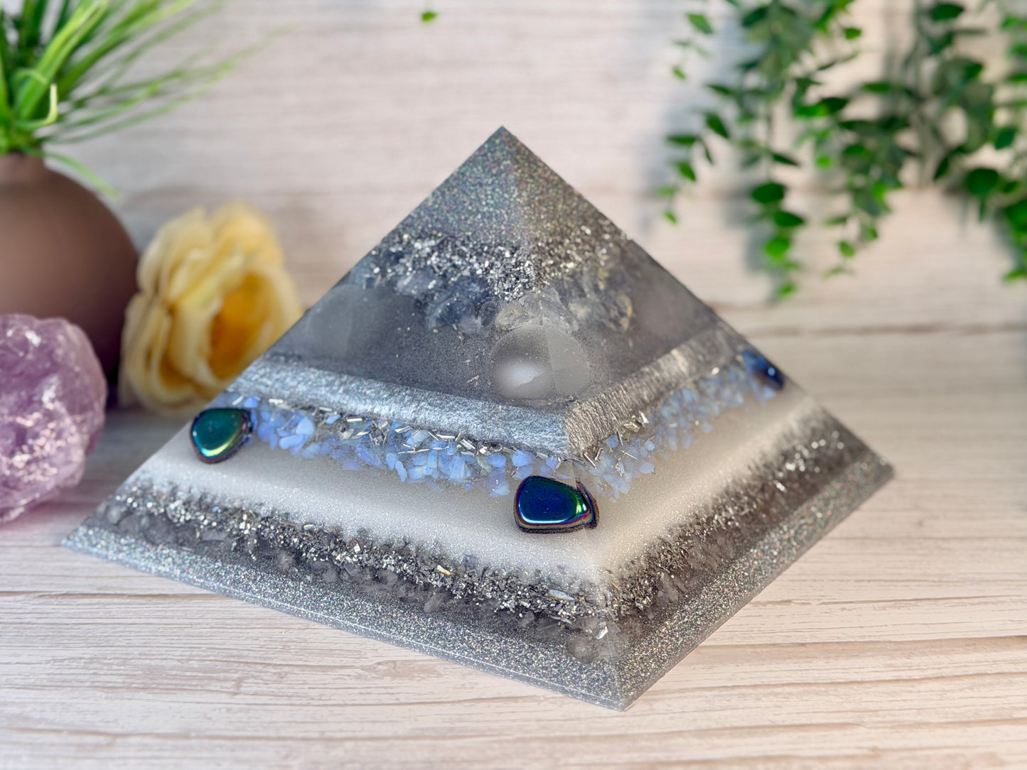 SPIRIT / ETHER - The Elementals Golden Ratio Special Edition Orgonite Pyramid - EMF Protector - Celestite, Selenite, Opalite, Rainbow Hematite, Aura Quartz, Clear Quartz and Aluminum Metals