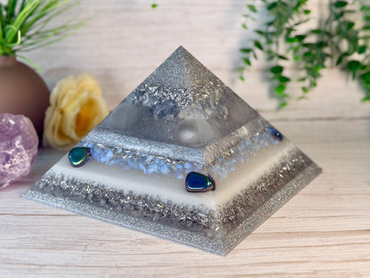 SPIRIT / ETHER - The Elementals Golden Ratio Special Edition Orgonite Pyramid - EMF Protector - Celestite, Selenite, Opalite, Rainbow Hematite, Aura Quartz, Clear Quartz and Aluminum Metals