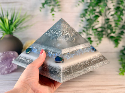 SPIRIT / ETHER - The Elementals Golden Ratio Special Edition Orgonite Pyramid - EMF Protector - Celestite, Selenite, Opalite, Rainbow Hematite, Aura Quartz, Clear Quartz and Aluminum Metals