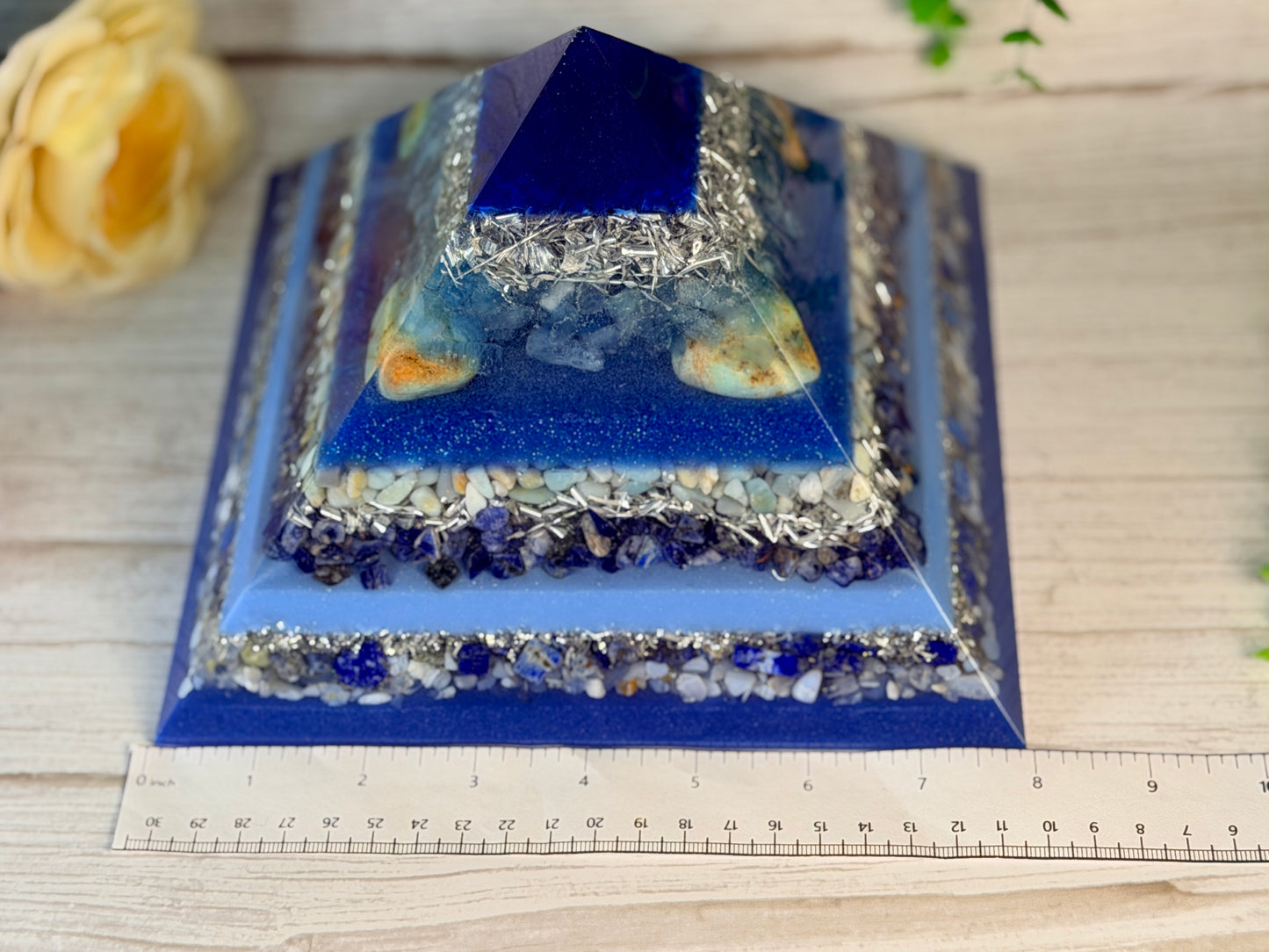 WATER - The Elementals Golden Ratio Special Edition Orgonite Pyramid - EMF Protector - Aquamarine, Chrysoprase, Amazonite, Sodalite, Lapiz Lazuli, Blue Lace Agate and Aluminum Metals