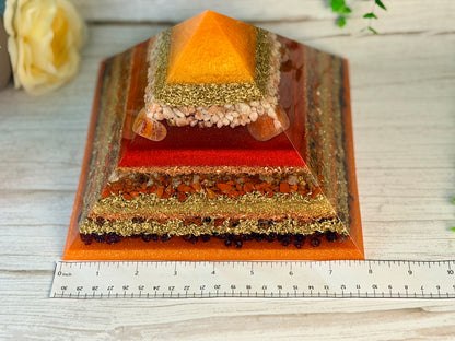 FIRE - The Elementals Golden Ratio Special Edition Orgonite Pyramid - EMF Protector - Sunstone, Fire Opal, Rutilated Quartz, Red Jasper, Mahogany Obsidian, Garnet with Brass and Copper Metals