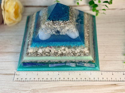 AIR - The Elementals Golden Ratio Special Edition Orgonite Pyramid - EMF Protector - Clear Quartz, Angelite, Green Fluorite, White Milky Quartz, Green Aventurine, Blue Kyanite and Aluminum Metals