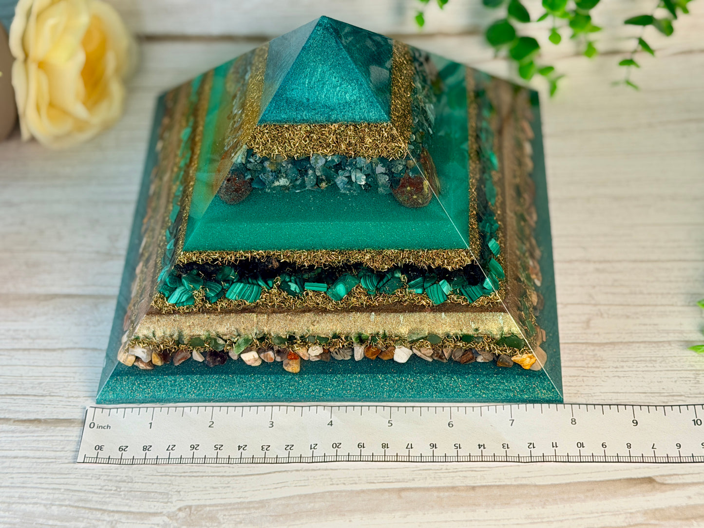 EARTH - The Elementals Golden Ratio Special Edition Orgonite Pyramid - EMF Protector - S Moss Agate, Dragon Bloodstone Jasper, Smoky Quartz, Malachite, Green Jade and Petrified Wood with Brass Metals
