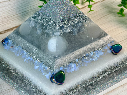 SPIRIT / ETHER - The Elementals Golden Ratio Special Edition Orgonite Pyramid - EMF Protector - Celestite, Selenite, Opalite, Rainbow Hematite, Aura Quartz, Clear Quartz and Aluminum Metals