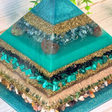 EARTH - The Elementals Golden Ratio Special Edition Orgonite Pyramid - EMF Protector - S Moss Agate, Dragon Bloodstone Jasper, Smoky Quartz, Malachite, Green Jade and Petrified Wood with Brass Metals