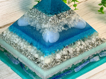 AIR - The Elementals Golden Ratio Special Edition Orgonite Pyramid - EMF Protector - Clear Quartz, Angelite, Green Fluorite, White Milky Quartz, Green Aventurine, Blue Kyanite and Aluminum Metals