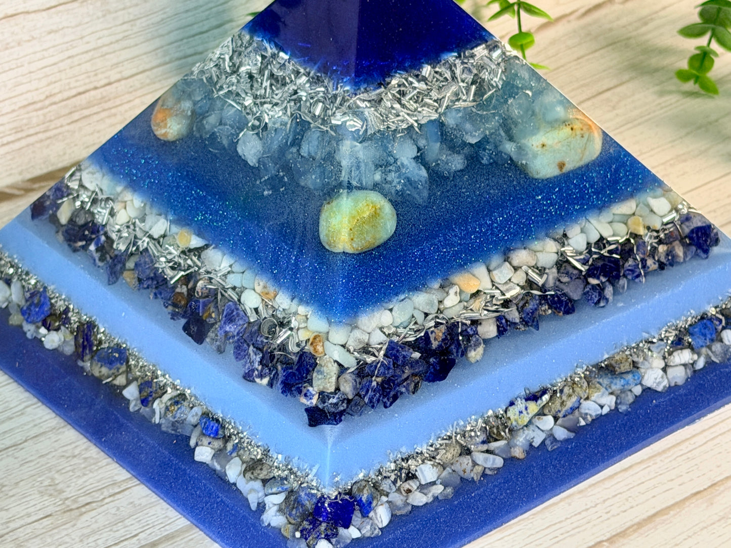 WATER - The Elementals Golden Ratio Special Edition Orgonite Pyramid - EMF Protector - Aquamarine, Chrysoprase, Amazonite, Sodalite, Lapiz Lazuli, Blue Lace Agate and Aluminum Metals