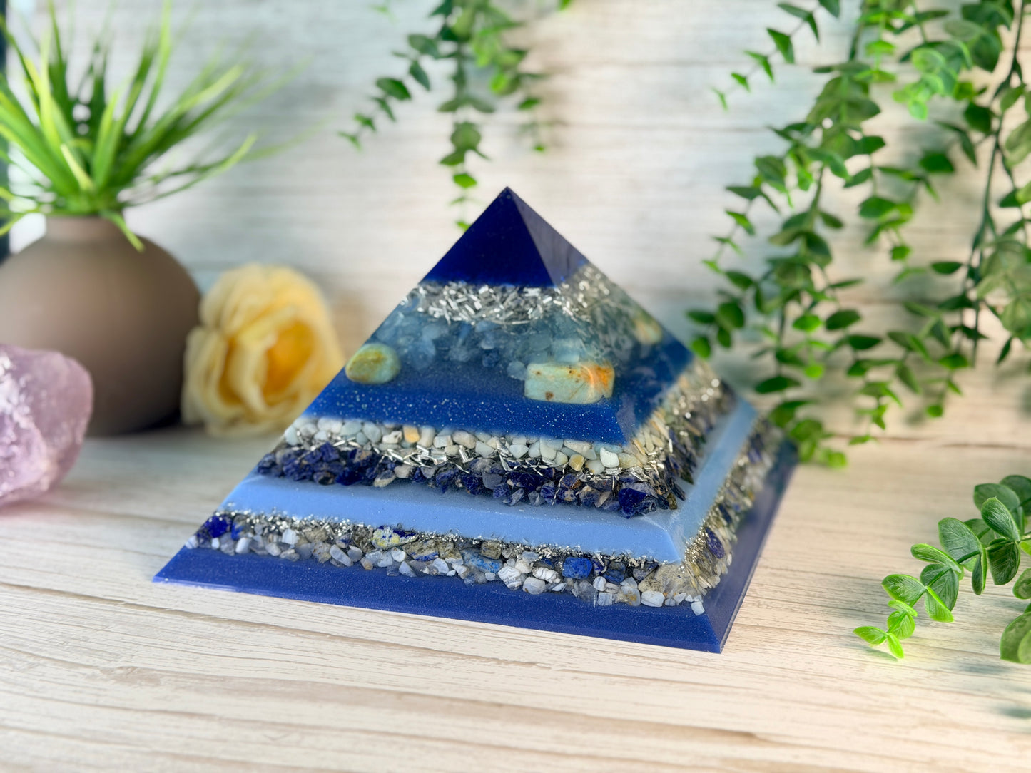 WATER - The Elementals Golden Ratio Special Edition Orgonite Pyramid - EMF Protector - Aquamarine, Chrysoprase, Amazonite, Sodalite, Lapiz Lazuli, Blue Lace Agate and Aluminum Metals