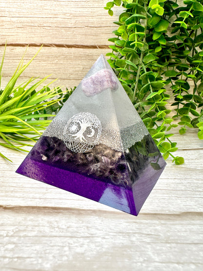 SLEEP & RELAXATION - Beginners Series  - Orgonite Pyramid - EMF Protector - Lepidolite, Amethyst Crystal and Aluminum Metals