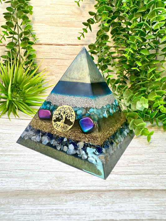 NATHAN - Orgonite Pyramid - EMF Protector - Blue Apatite, Rainbow Hematite, Sodalite and Blue Lace Agate with Aluminum & Brass Metals