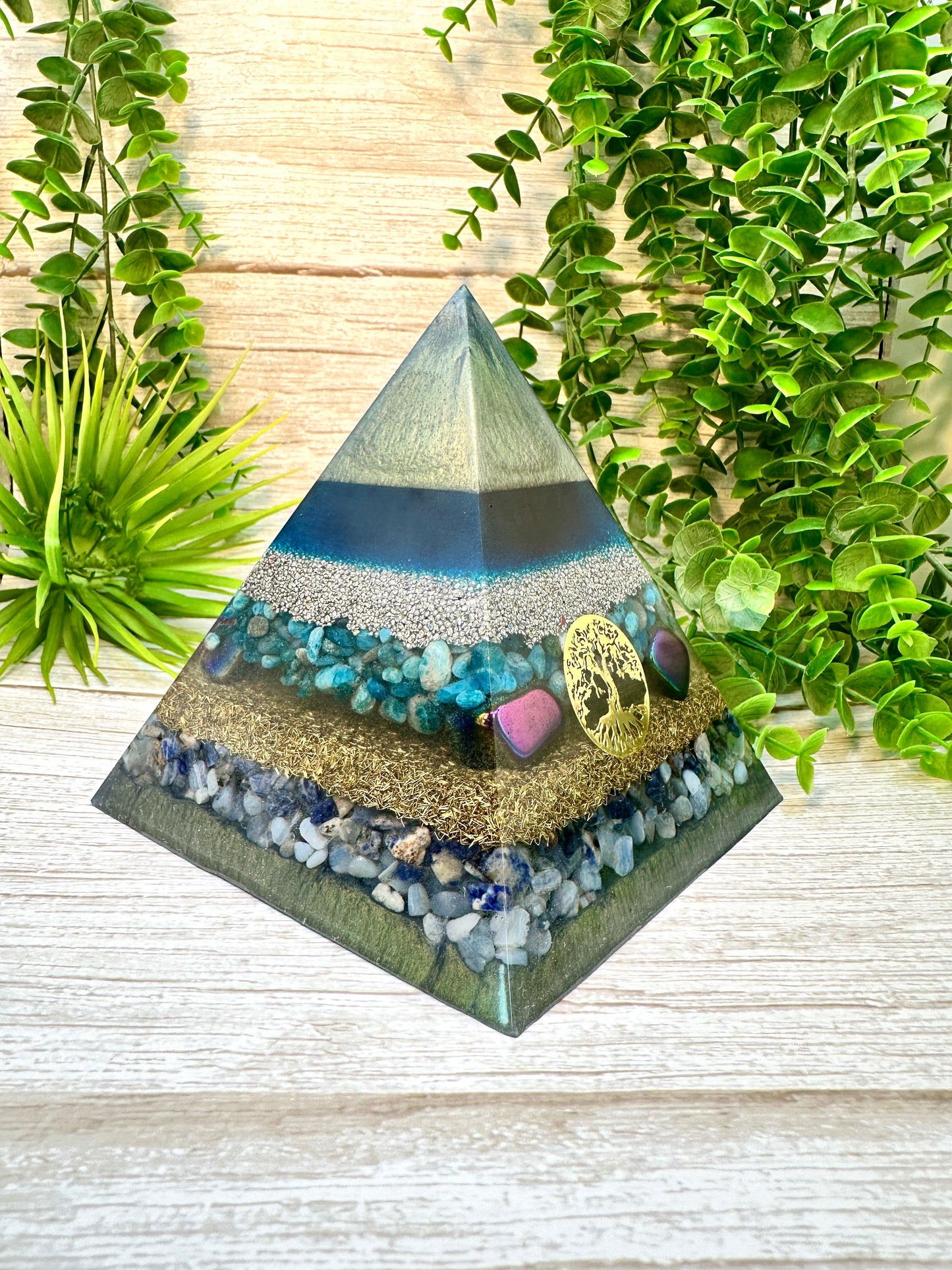 NATHAN - Orgonite Pyramid - EMF Protector - Blue Apatite, Rainbow Hematite, Sodalite and Blue Lace Agate with Aluminum & Brass Metals