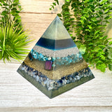 NATHAN - Orgonite Pyramid - EMF Protector - Blue Apatite, Rainbow Hematite, Sodalite and Blue Lace Agate with Aluminum & Brass Metals