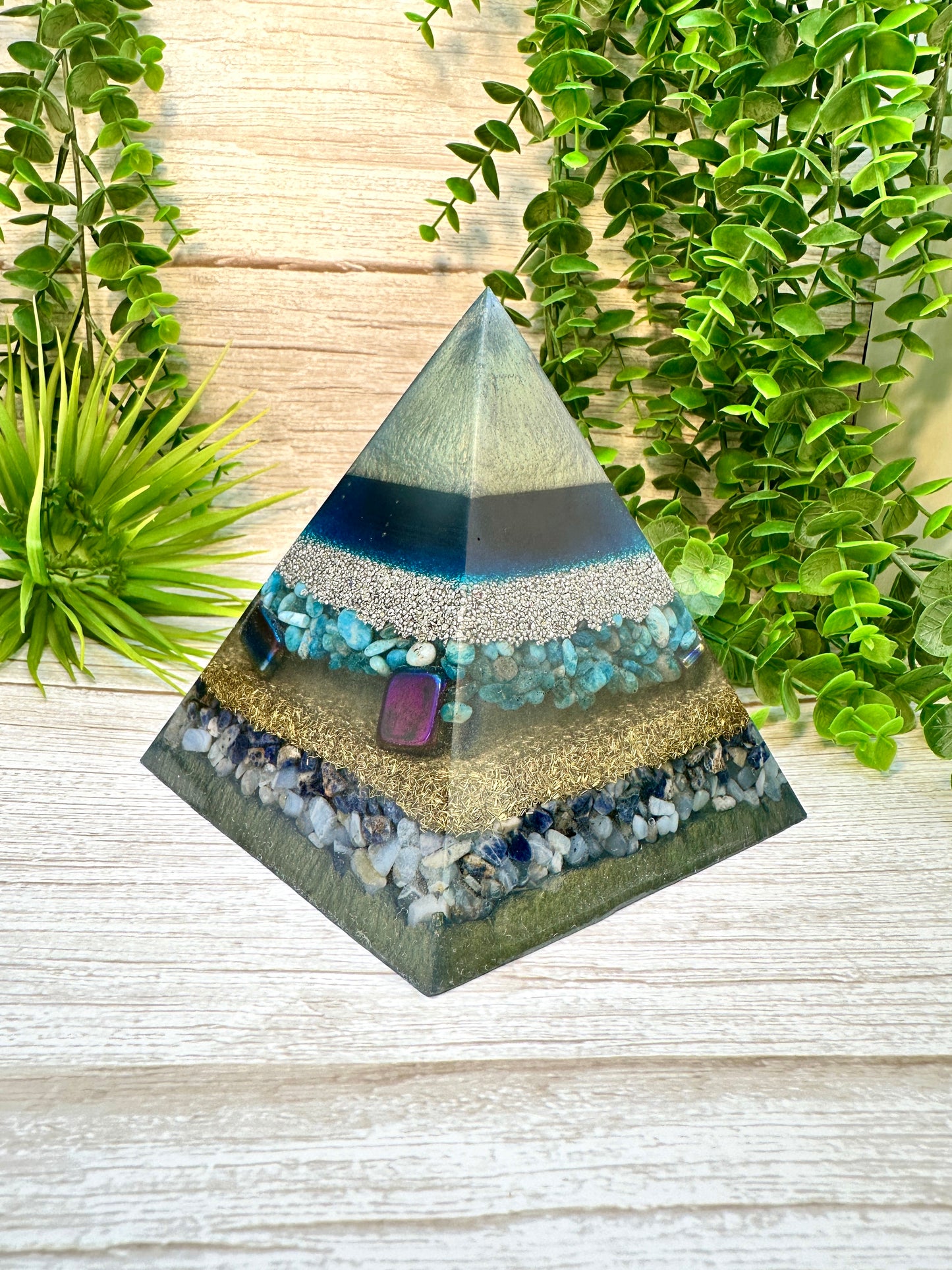 NATHAN - Orgonite Pyramid - EMF Protector - Blue Apatite, Rainbow Hematite, Sodalite and Blue Lace Agate with Aluminum & Brass Metals