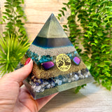 NATHAN - Orgonite Pyramid - EMF Protector - Blue Apatite, Rainbow Hematite, Sodalite and Blue Lace Agate with Aluminum & Brass Metals