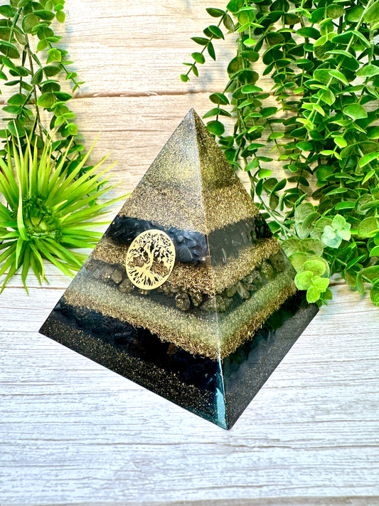 JASPER - Orgonite Pyramid - EMF Protector - Shungite, Pyrite, Black Obsidian & Brass Metals