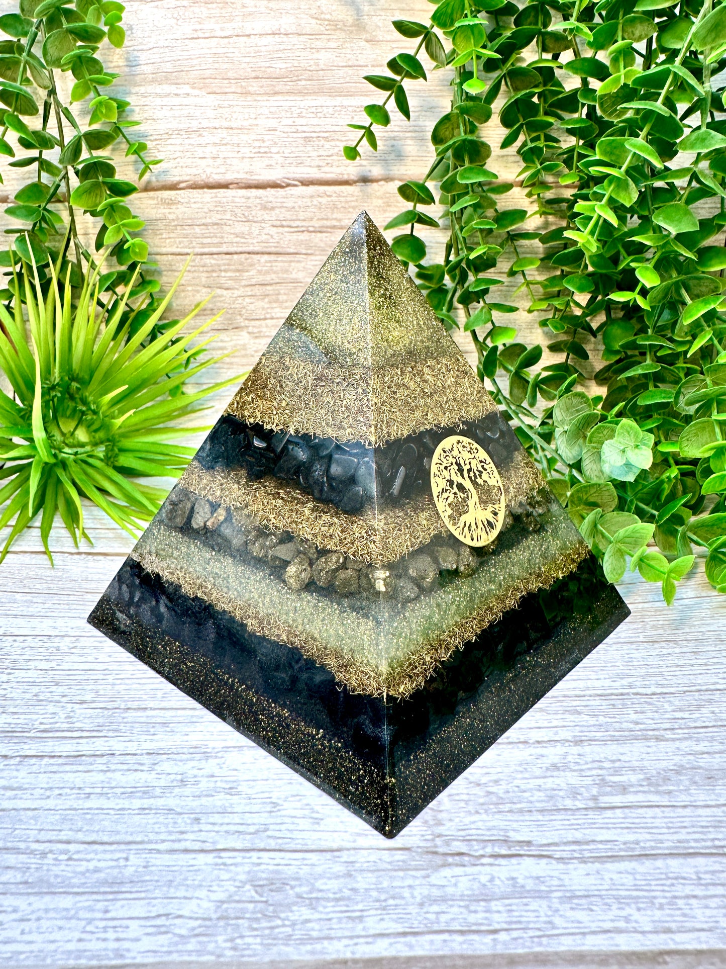 JASPER - Orgonite Pyramid - EMF Protector - Shungite, Pyrite, Black Obsidian & Brass Metals