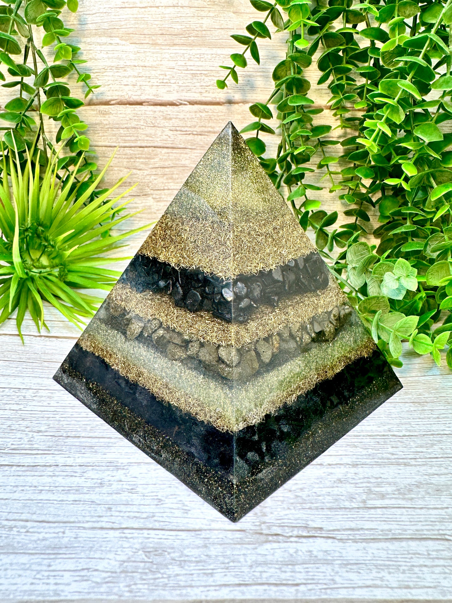 JASPER - Orgonite Pyramid - EMF Protector - Shungite, Pyrite, Black Obsidian & Brass Metals