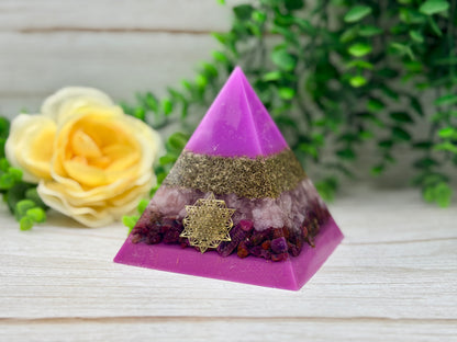 INTEGRATION - Beginners Series  - Orgonite Pyramid - EMF Protector - Rose Quartz, Ruby & Brass Metals