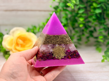 INTEGRATION - Beginners Series  - Orgonite Pyramid - EMF Protector - Rose Quartz, Ruby & Brass Metals