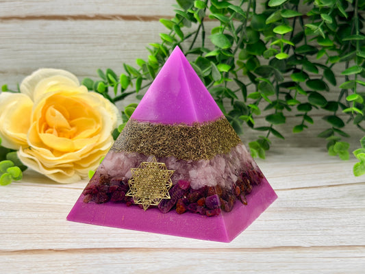 INTEGRATION - Beginners Series  - Orgonite Pyramid - EMF Protector - Rose Quartz, Ruby & Brass Metals