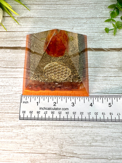 ENERGY- Beginners Series  - Orgonite Pyramid - EMF Protector - Fire Agate and Carnelian with Brass Metals