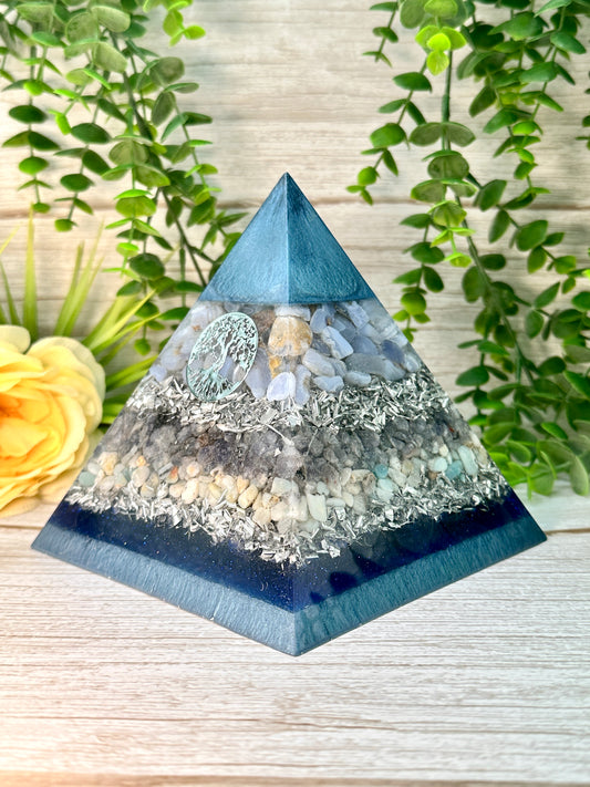 PATRICIA - Orgonite Pyramid - EMF Protector - Blue Chalcedony, Iolite, Amazonite and Aluminum Metals