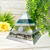 AXEL - Orgonite Pyramid - EMF Protector - Peridot, Selenite, Labradorite & Amazonite with Aluminum Metals