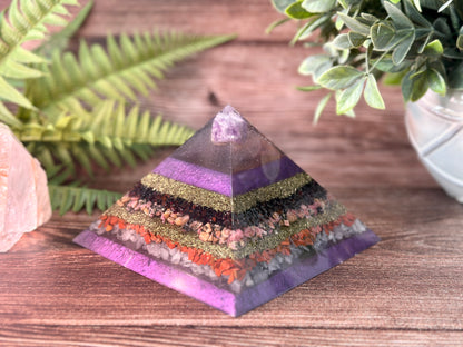 LEONA - Purple Flame Golden Ratio Special Edition Pyramid! - EMF Protector - Amethyst, Garnet, Rhodonite, Red Jasper & Rose Quartz with Brass Metals