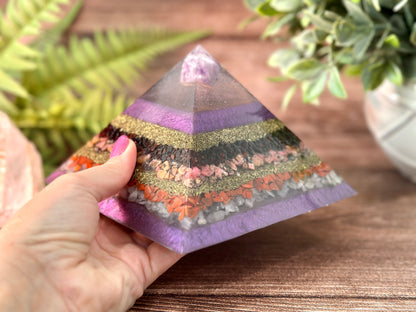 LEONA - Purple Flame Golden Ratio Special Edition Pyramid! - EMF Protector - Amethyst, Garnet, Rhodonite, Red Jasper & Rose Quartz with Brass Metals